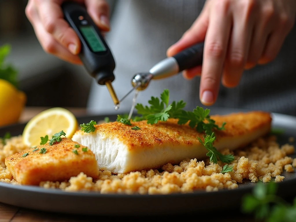 Checking baked haddock for a 145 degree internal temperature
