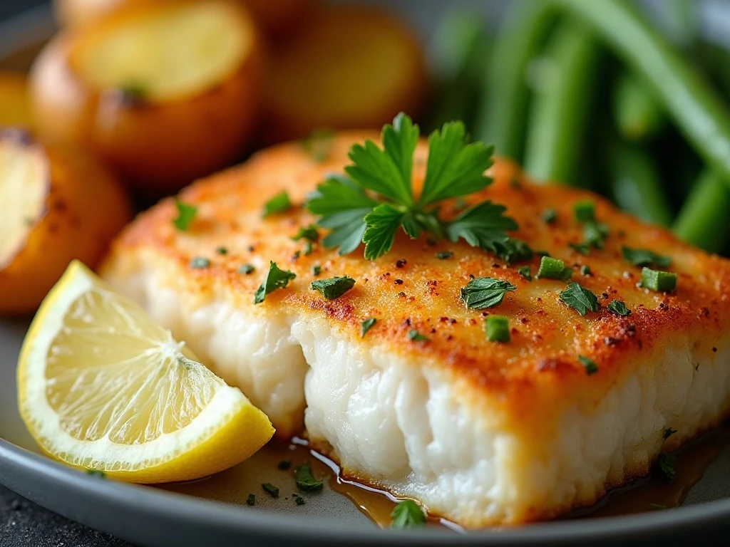 Baked haddock garnished with parsley and lemon with side dishes