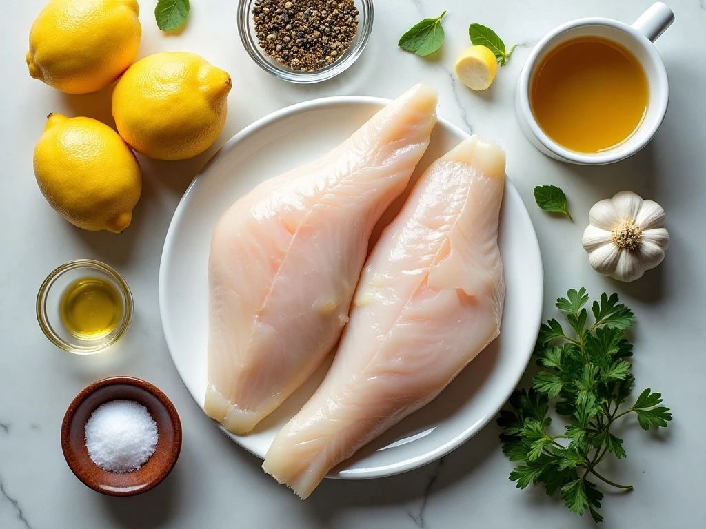 Ingredients for baked lemon Dijon cod arranged on a kitchen counter