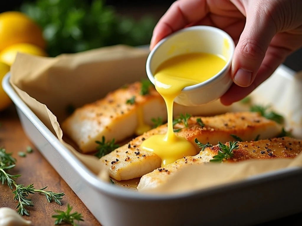 Whisking lemon Dijon sauce for baked cod before it goes into the oven