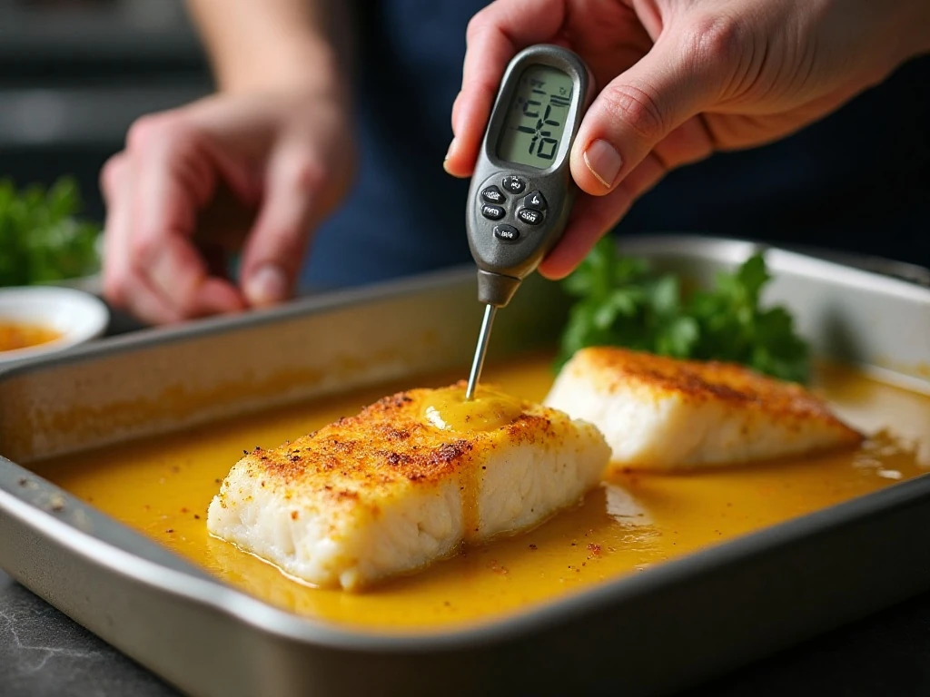 Checking the internal temperature of baked cod for tender results