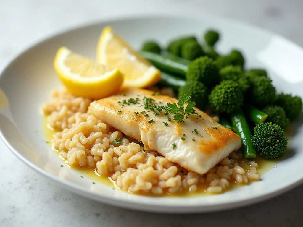 Baked lemon Dijon cod served with rice, vegetables, parsley, and lemon