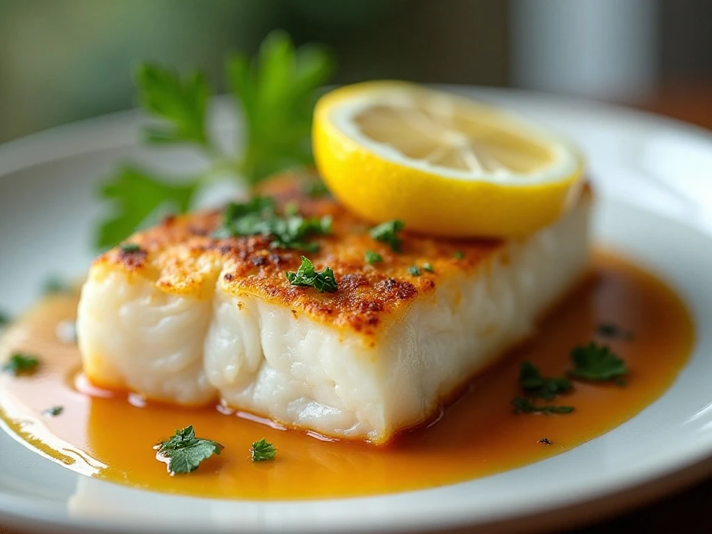 Flaky baked lemon Dijon cod with parsley and a lemon wedge
