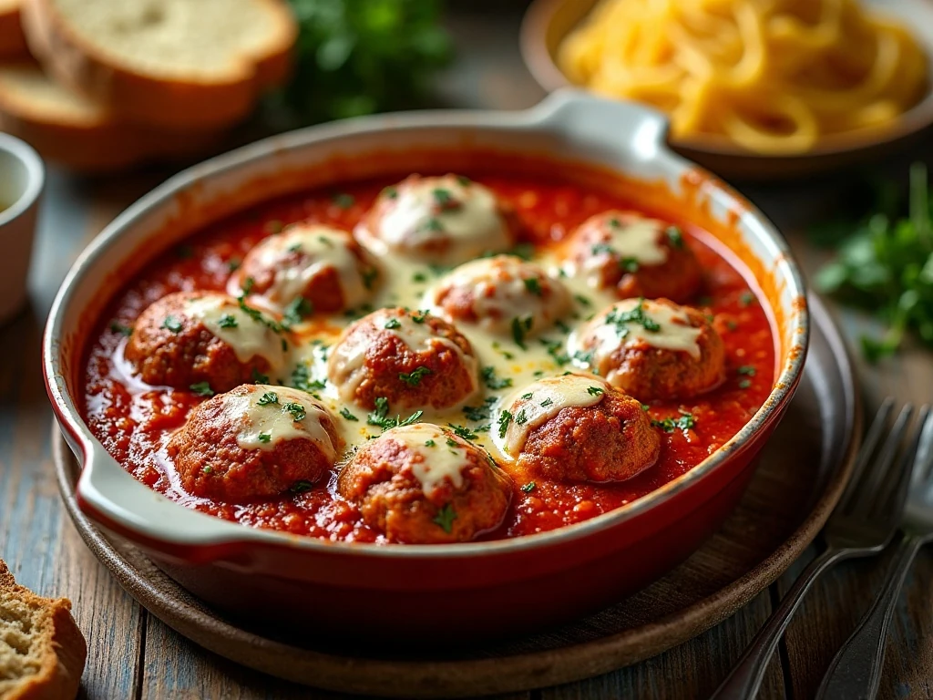 Baked meatballs Parmesan served with marinara and melted mozzarella
