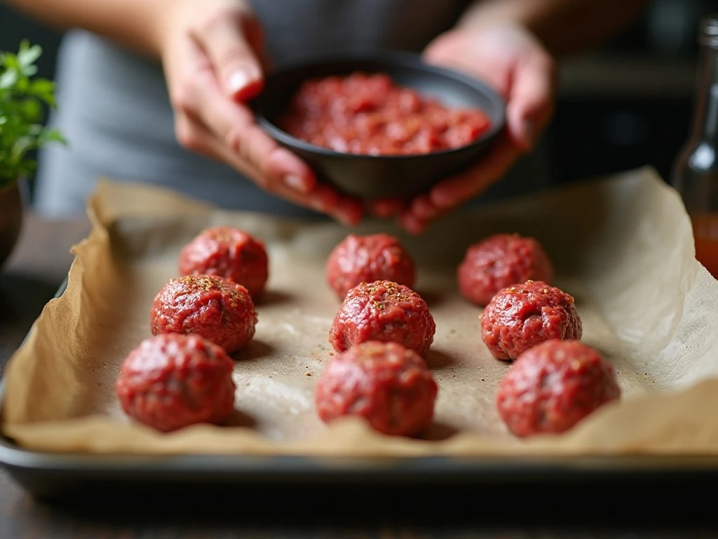 Portioned meatballs ready to bake on a lined baking sheet