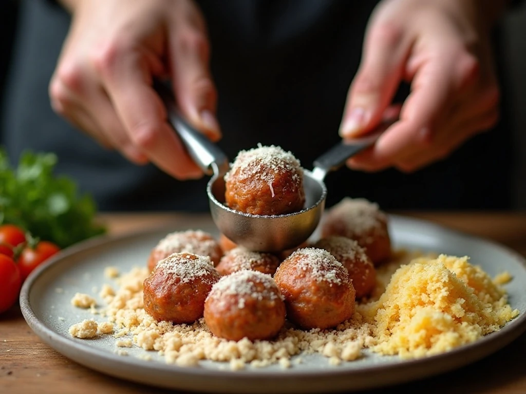 Using a scoop to portion evenly sized meatballs