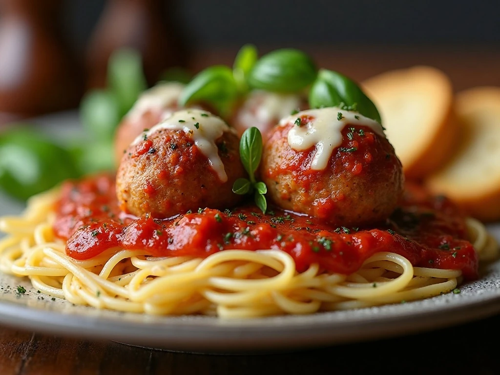 Baked meatballs Parmesan served over spaghetti with garlic bread