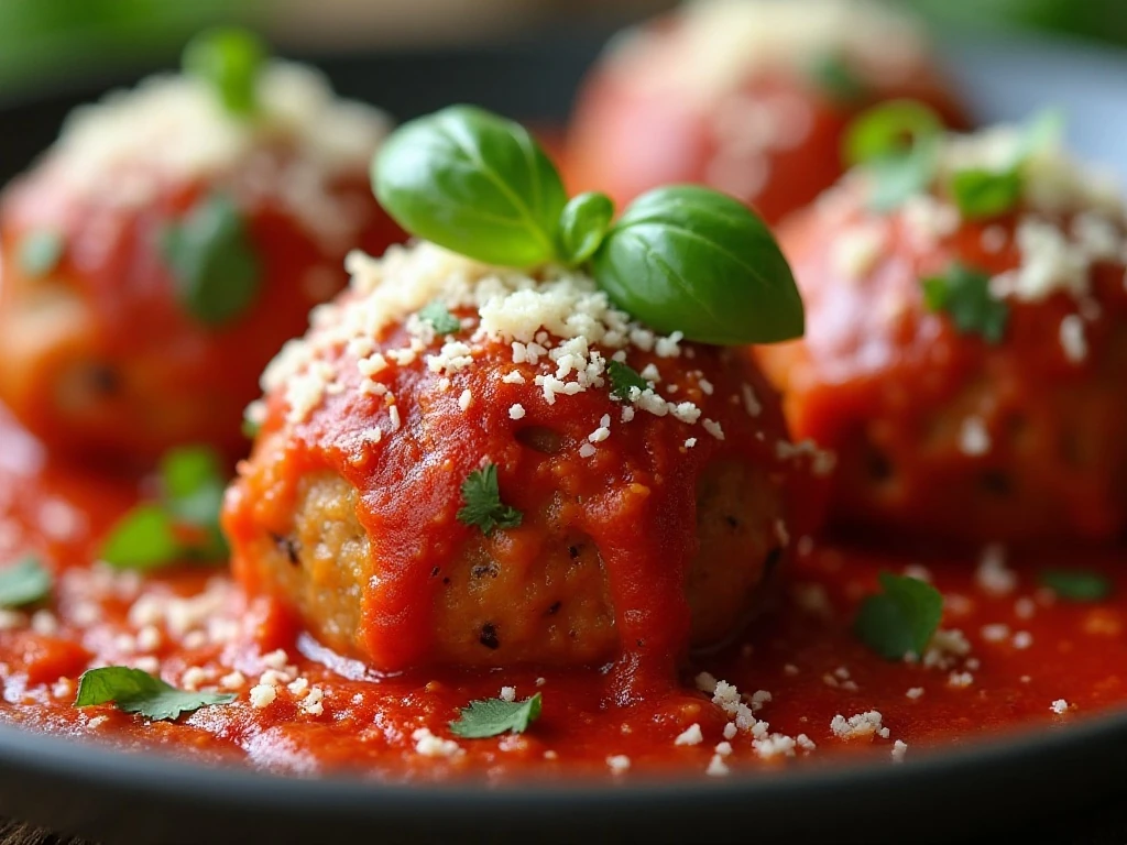 Close-up of cheesy baked meatballs with fresh herb garnish