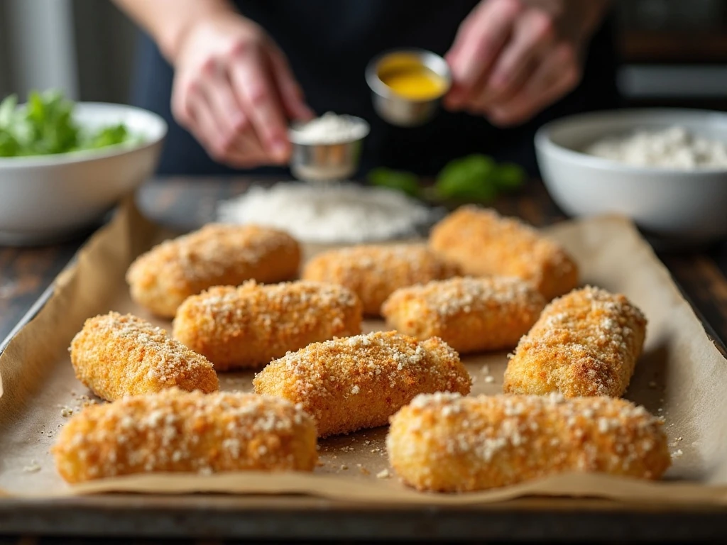 Breaded mozzarella sticks prepared for freezing and baking