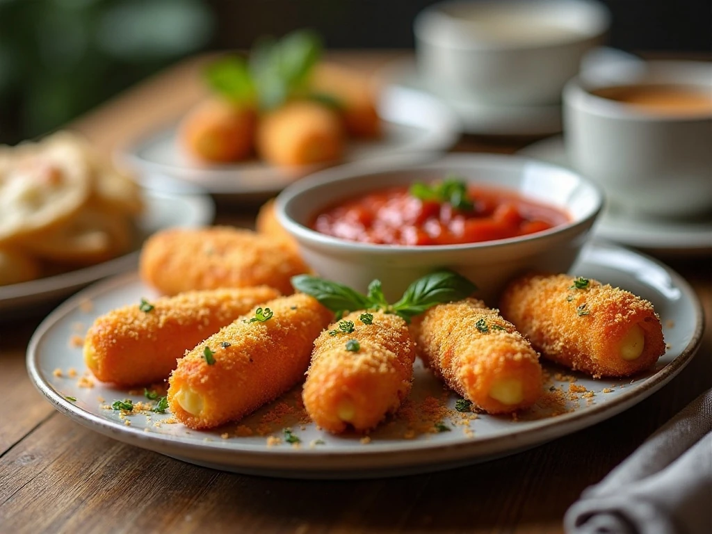 Mozzarella sticks with warm marinara for dipping