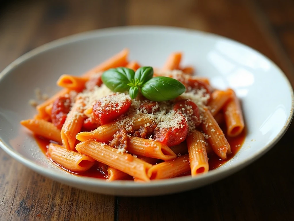 Baked penne with tomatoes and turkey served with melted cheese and fresh basil