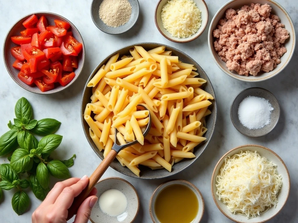 Ingredients for baked penne with tomatoes and turkey