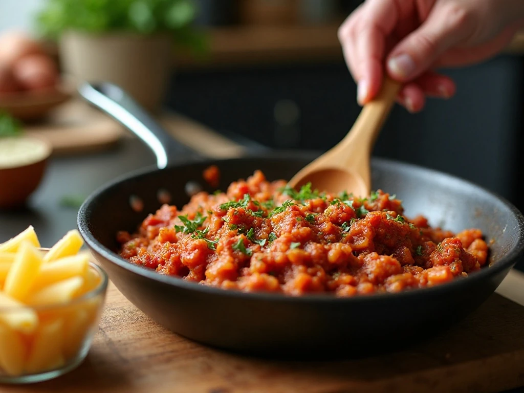 Preparing tomato turkey sauce for baked penne