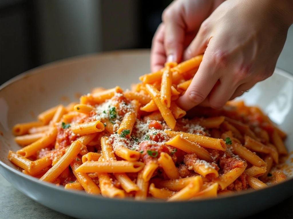 Combining penne pasta with tomato turkey sauce and ricotta