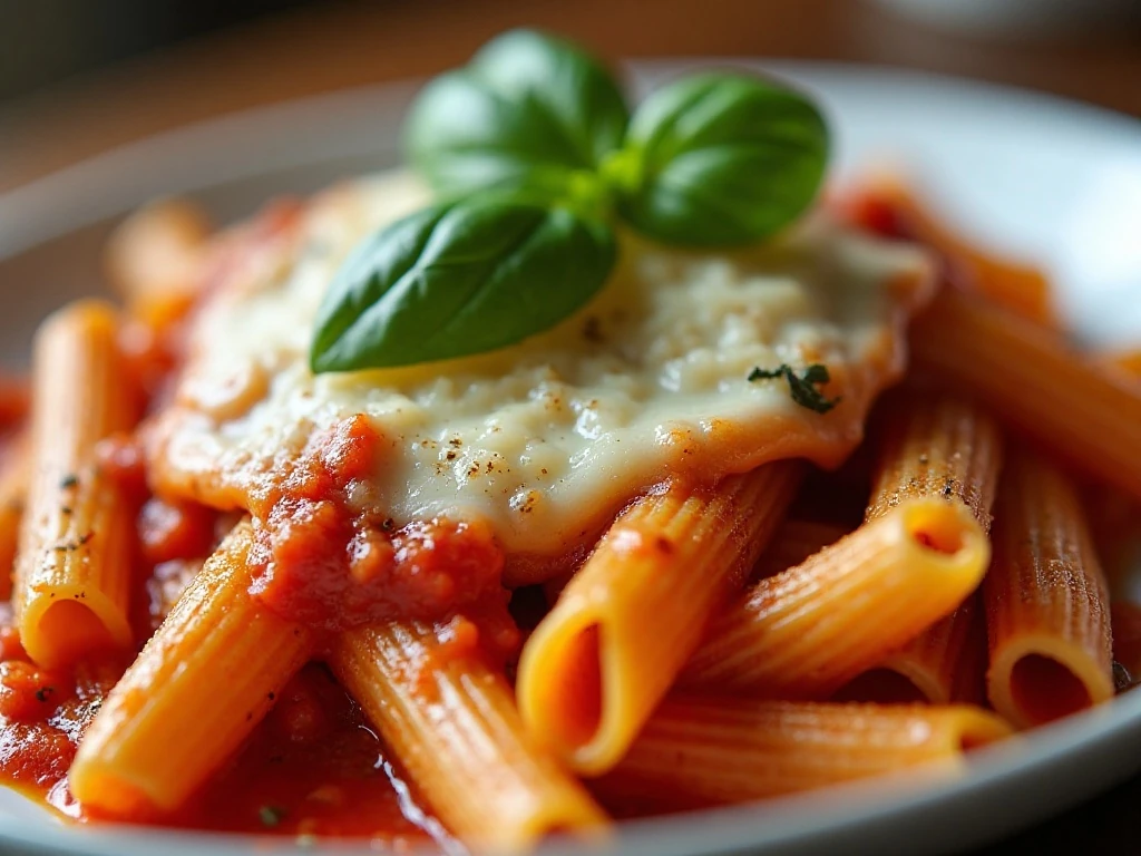 Close-up of cheesy baked penne garnished with fresh basil
