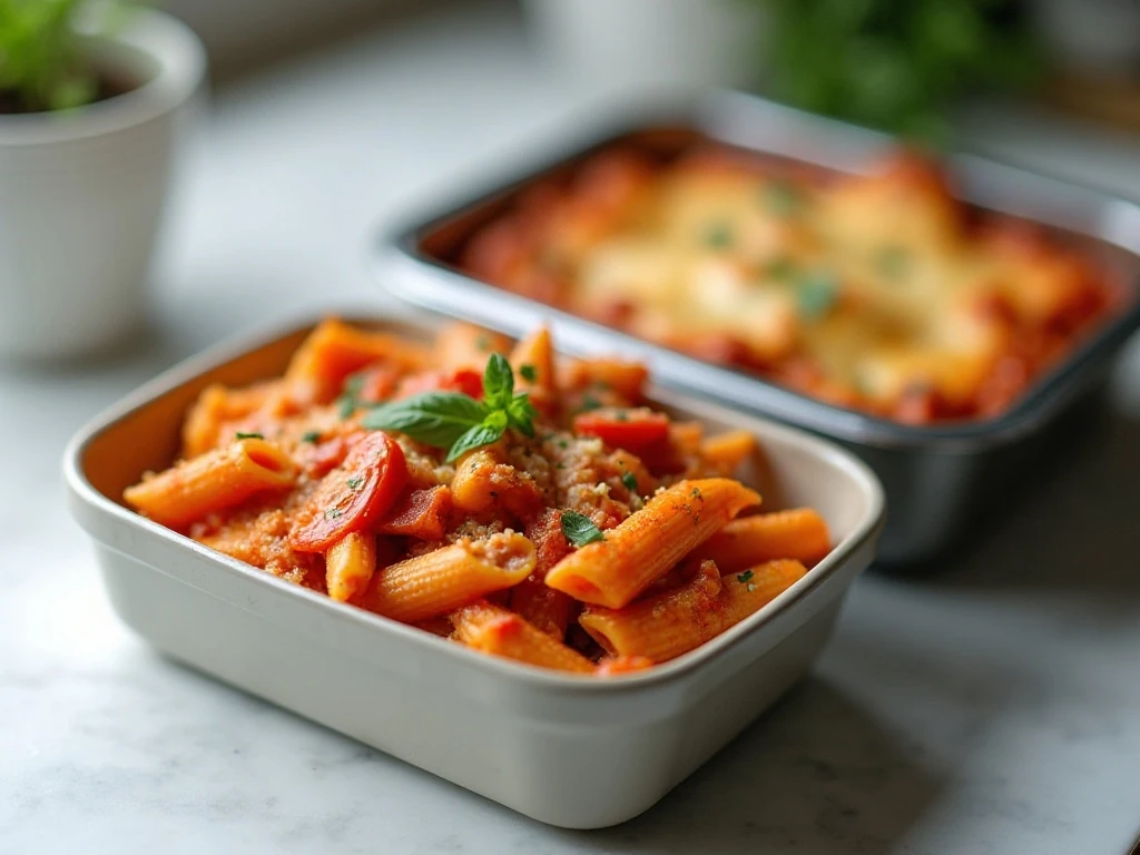 Stored and reheated baked penne with tomatoes and turkey