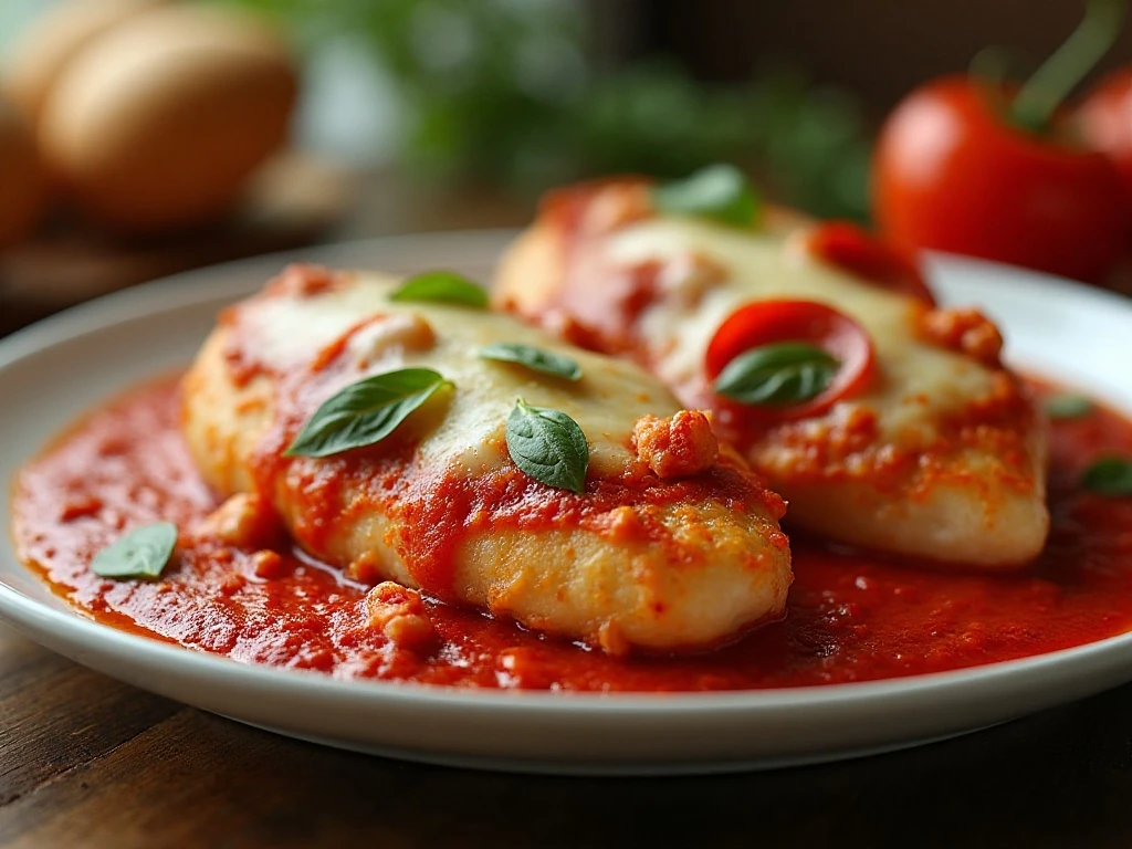 Baked pepperoni chicken breasts covered with melted mozzarella and pizza sauce