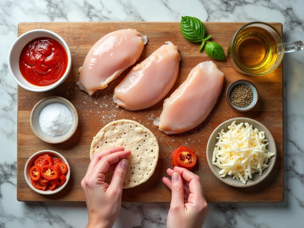 Ingredients for baked pepperoni chicken breast pizza