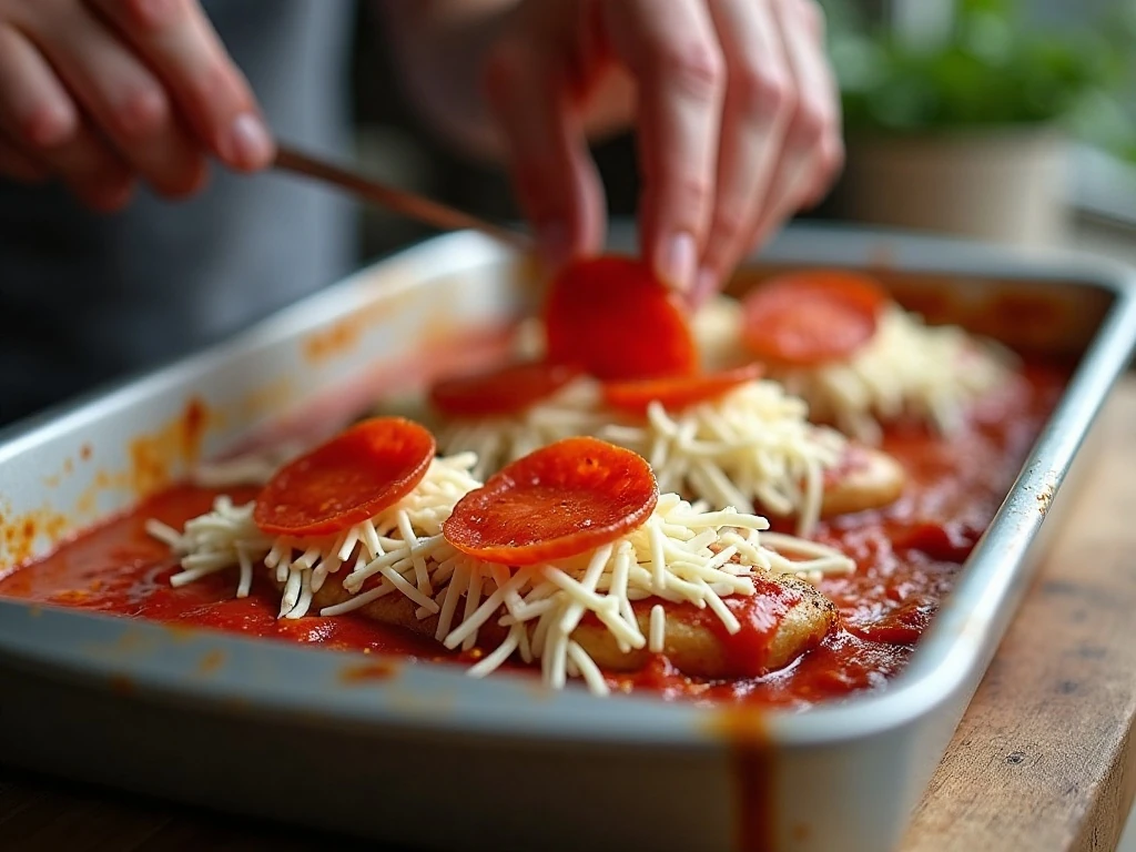 Pepperoni and mozzarella arranged over sauced chicken before baking