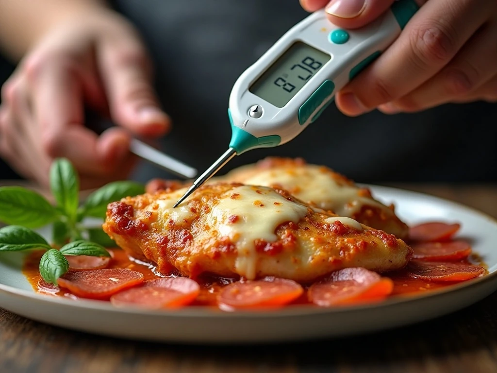 Meat thermometer checking baked chicken for a safe internal temperature