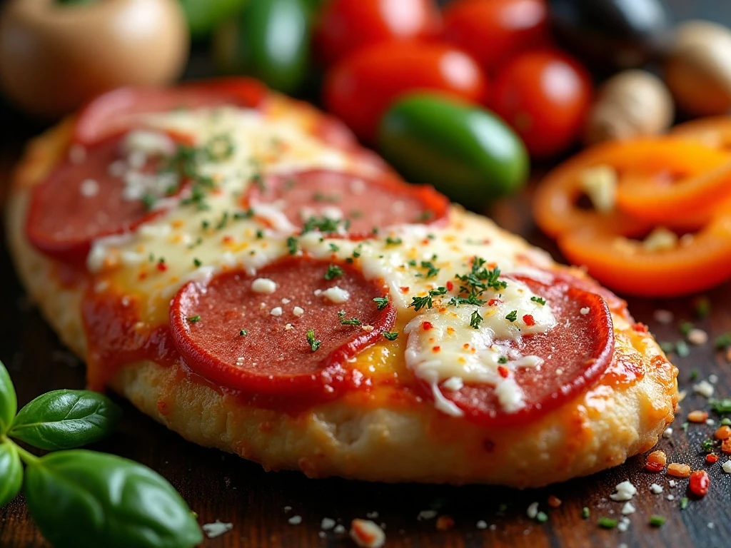 Pepperoni chicken pizza with Parmesan, red-pepper flakes, and optional vegetables