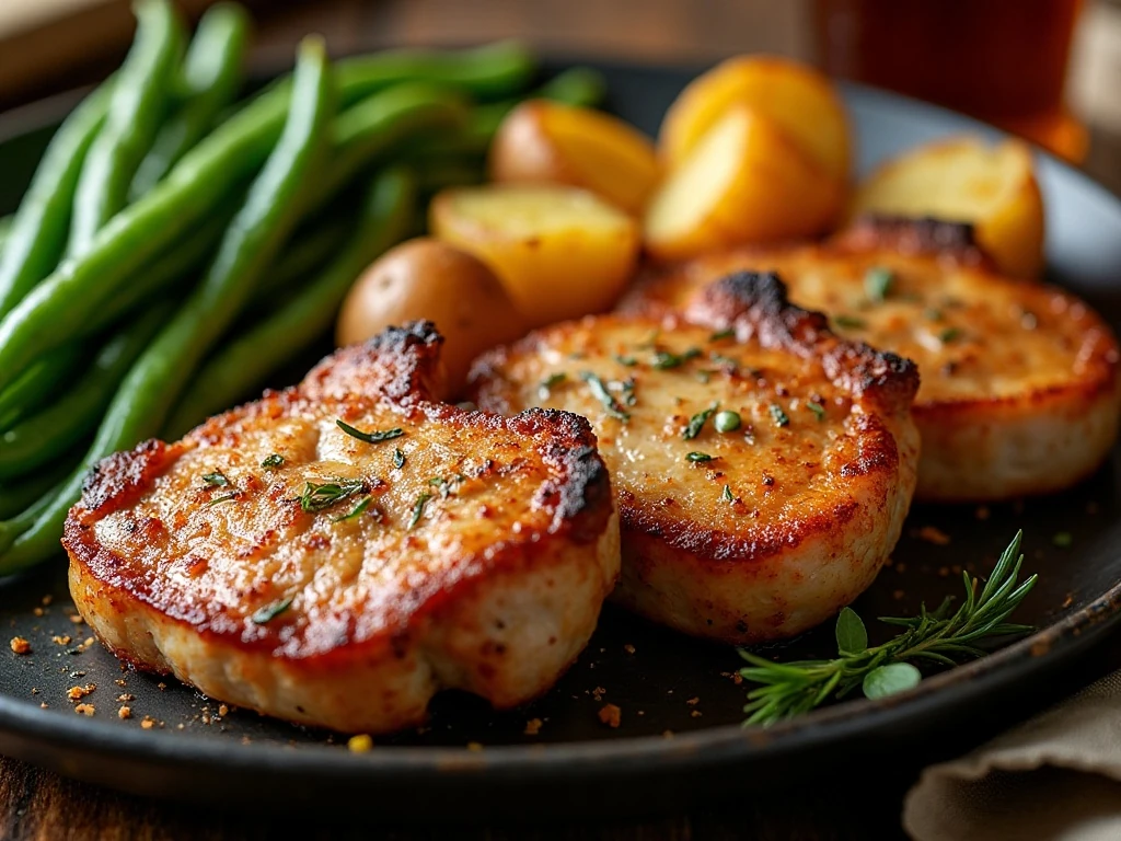 Juicy baked pork chops served with potatoes and green beans