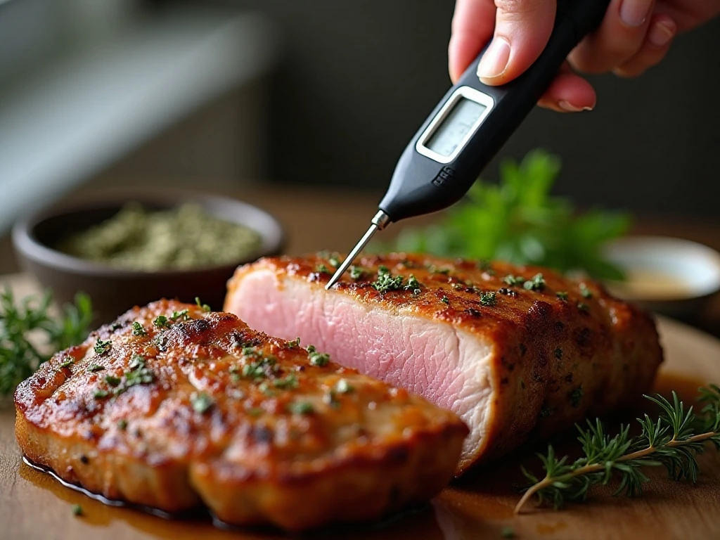 Checking the temperature of a baked pork chop
