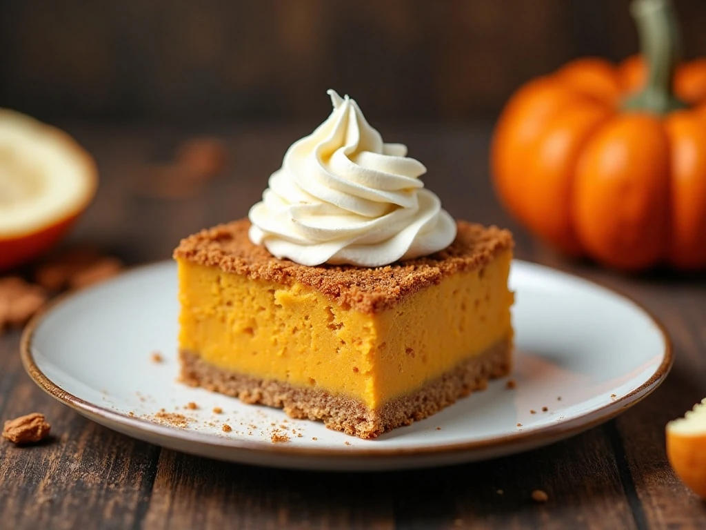 Slice of easy baked pumpkin dessert with golden crust and creamy pumpkin center
