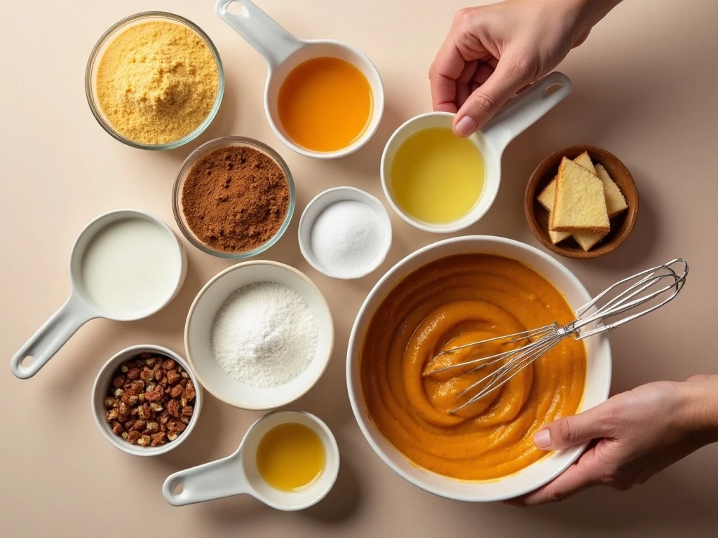 Ingredients for baked pumpkin crunch dessert arranged on a kitchen counter