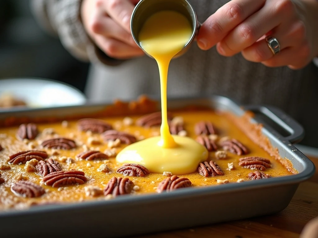 Drizzling melted butter over cake mix and pecans for pumpkin crunch cake