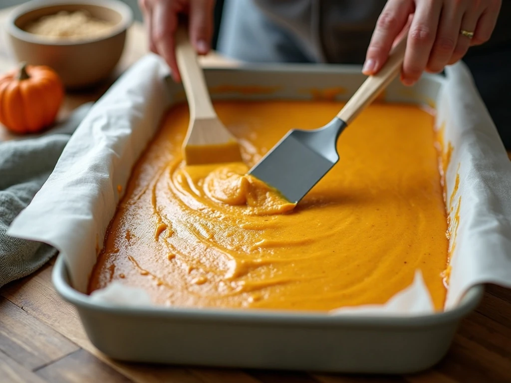Spreading pumpkin custard evenly in a baking dish for pumpkin dessert