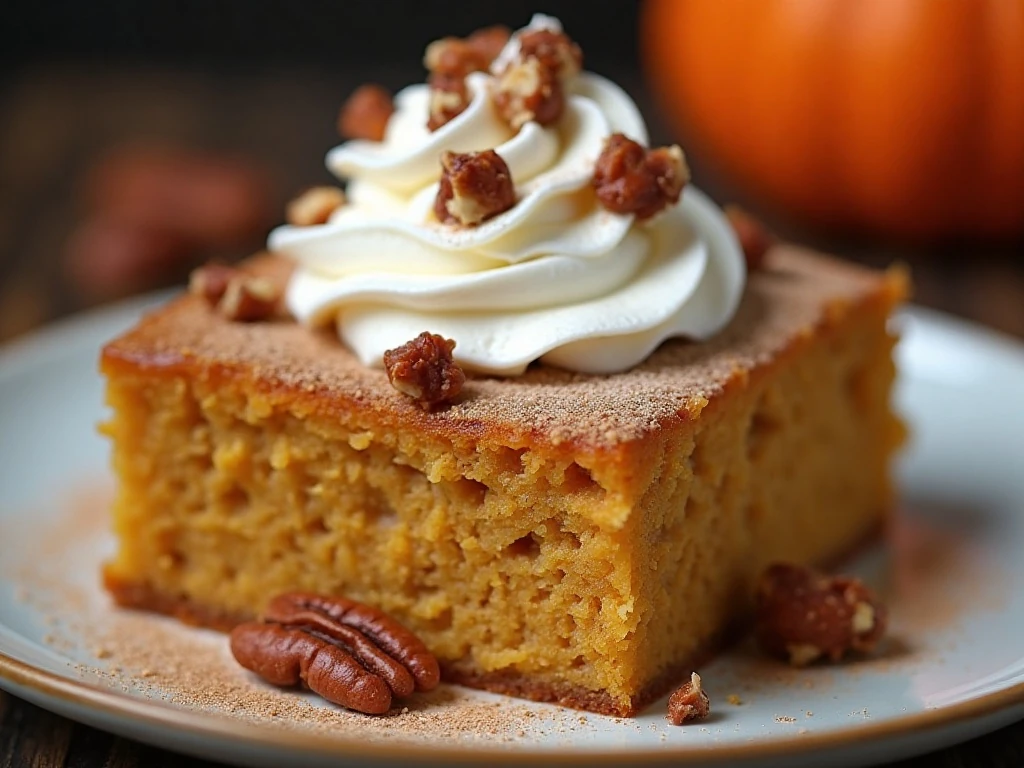 Pumpkin crunch cake topped with whipped cream, pecans, and cinnamon