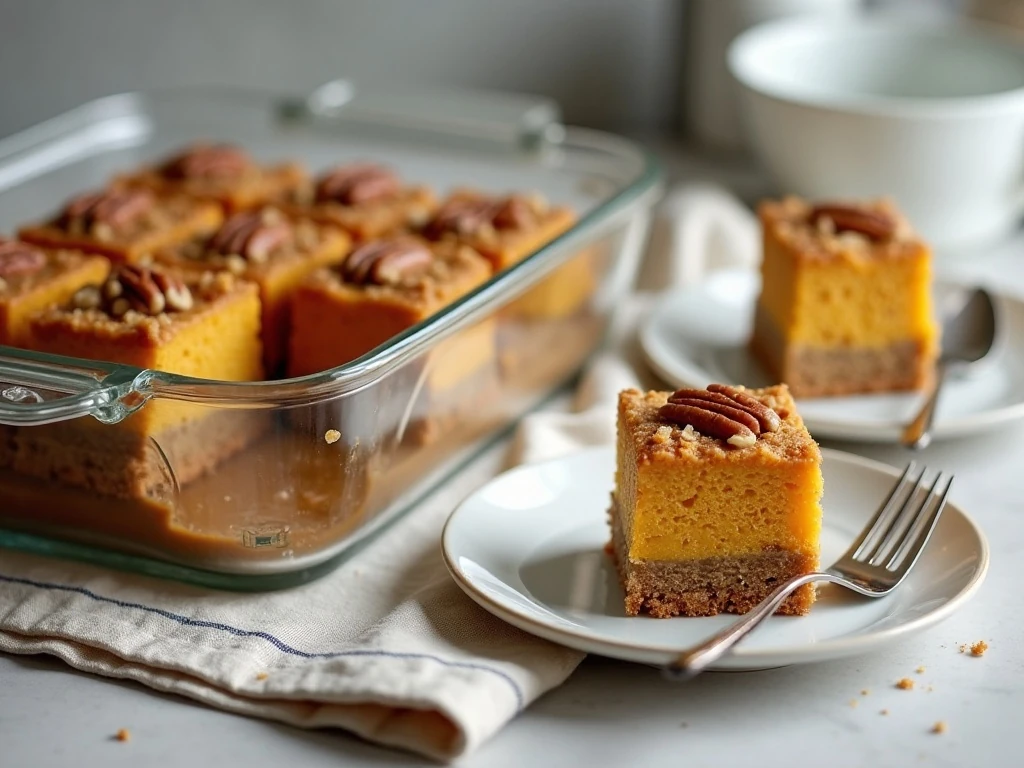 Chilled pumpkin crunch cake squares ready for storage and serving