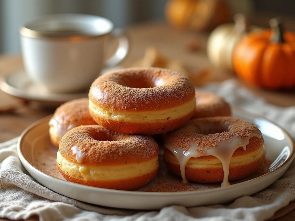 Plate of homemade baked pumpkin donuts with cinnamon sugar and glaze