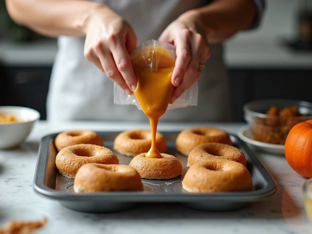 Piping pumpkin donut batter into a donut pan