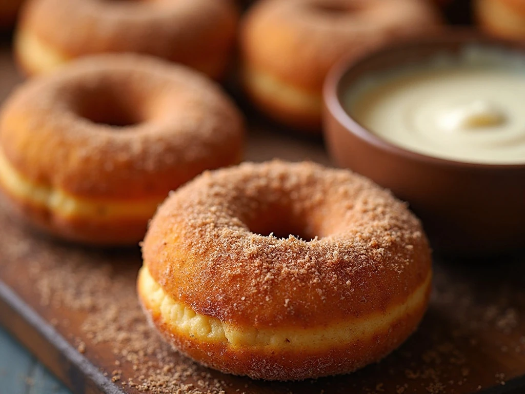Cinnamon sugar and vanilla glaze toppings for pumpkin donuts