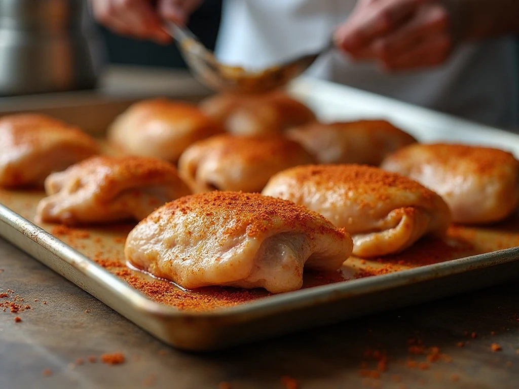 Seasoned chicken thighs arranged skin-side up for crisp baking