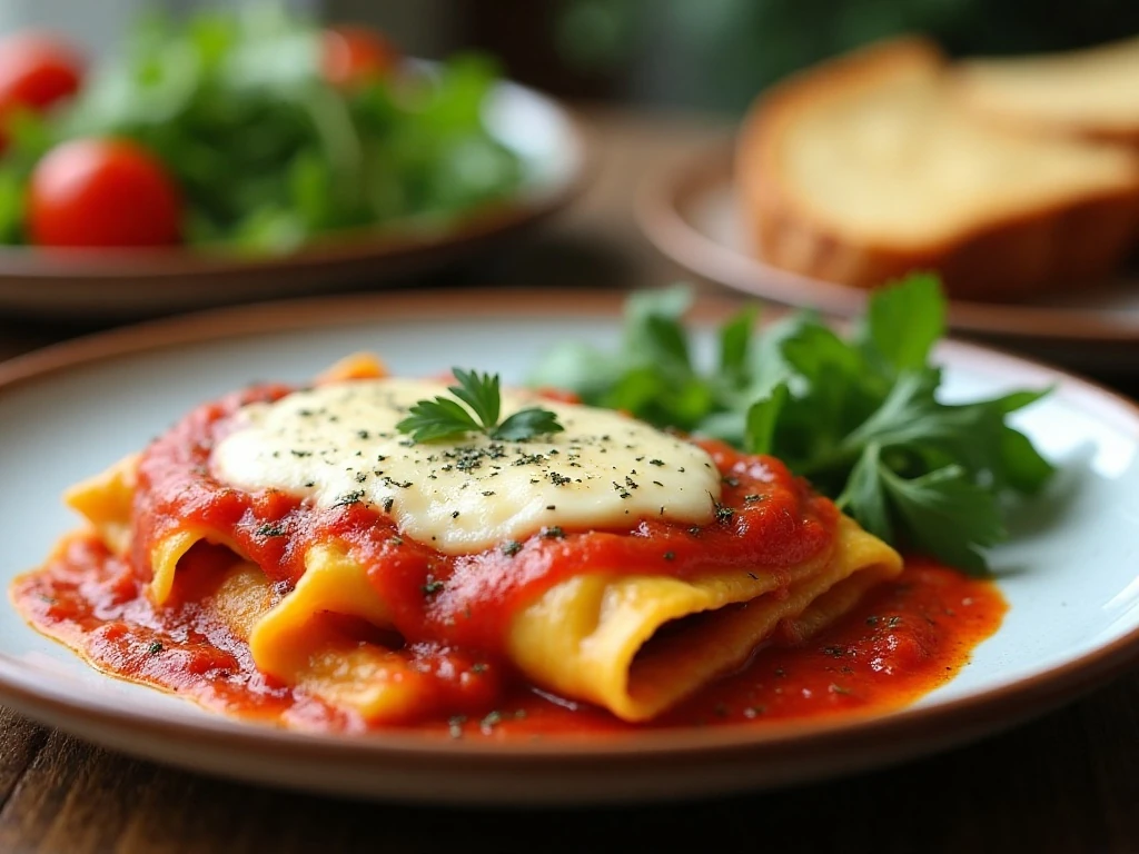 Serving of easy baked ravioli casserole with melted cheese and marinara sauce