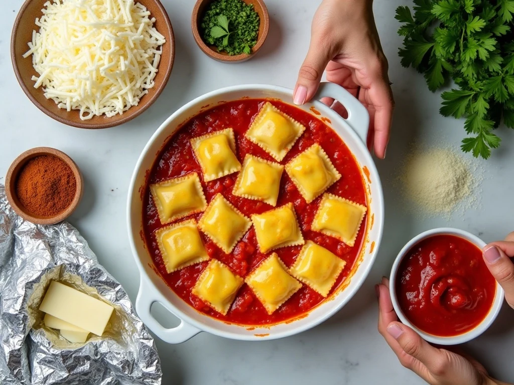 Ingredients for frozen ravioli casserole arranged for preparation