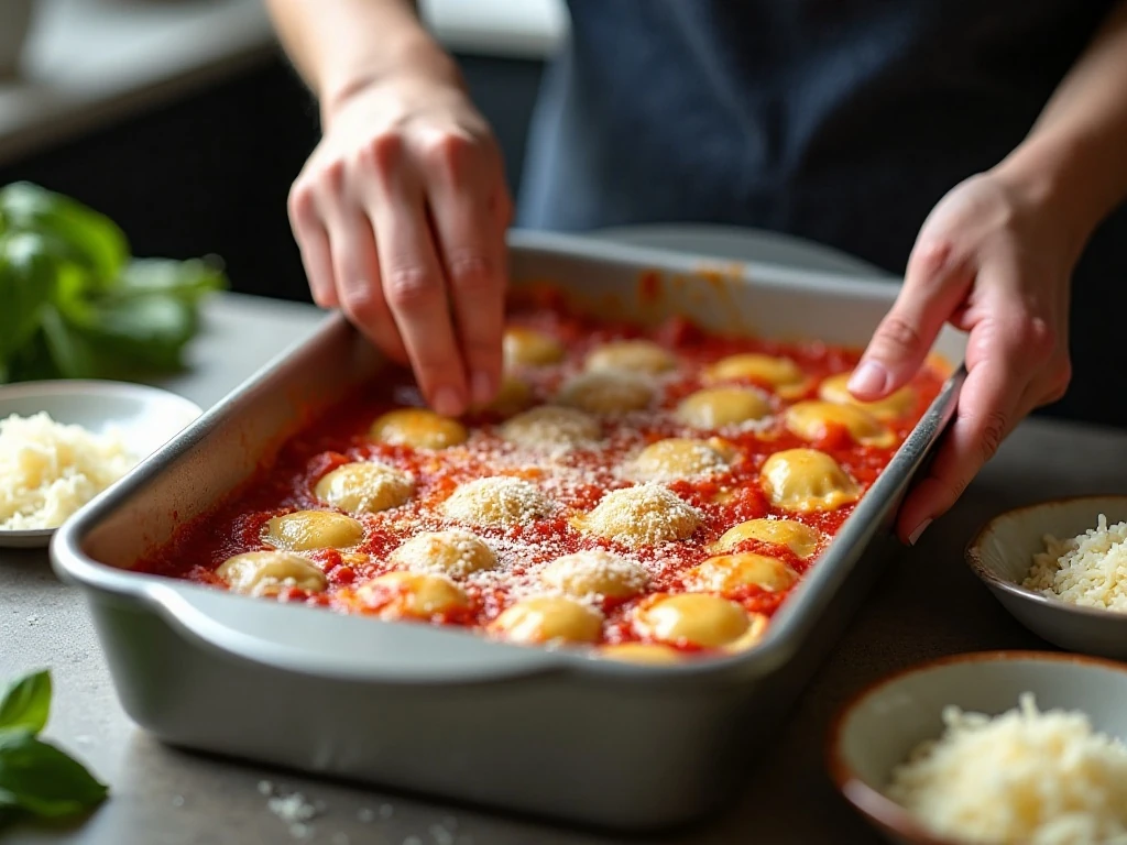 Arranging frozen ravioli over marinara sauce for baked casserole