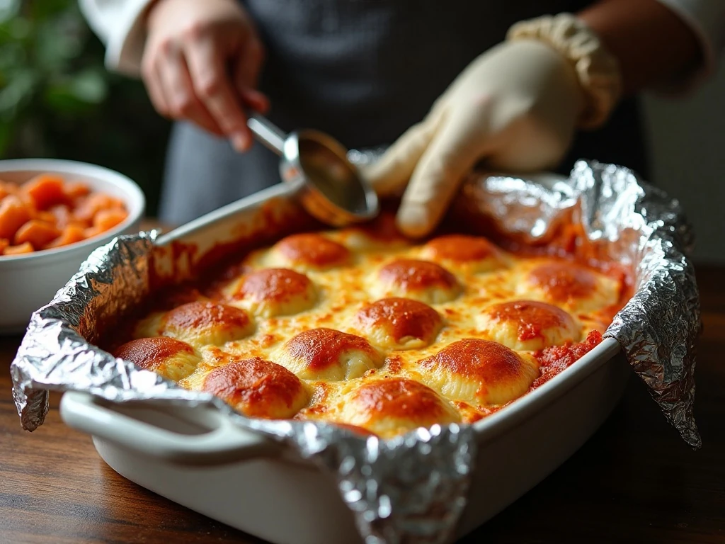 Bubbling cheese on baked ravioli casserole after uncovering