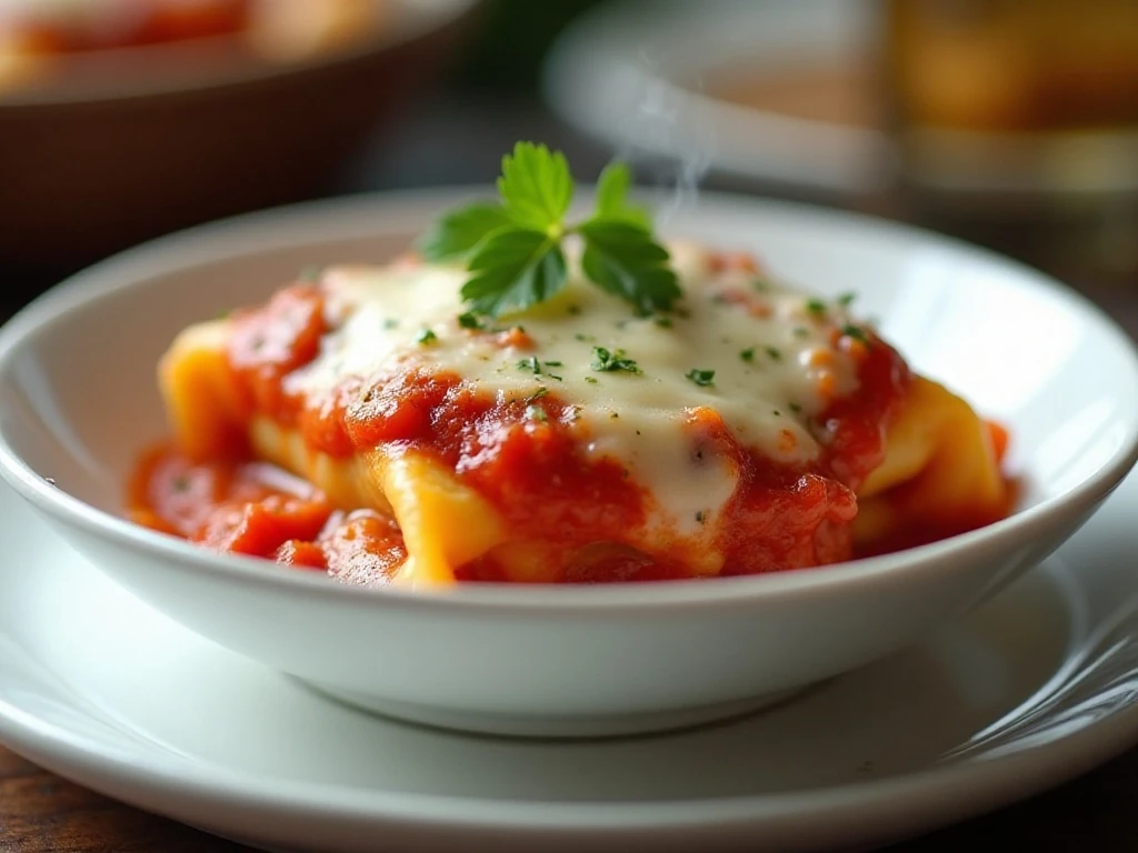 Reheated baked ravioli casserole portion with parsley garnish