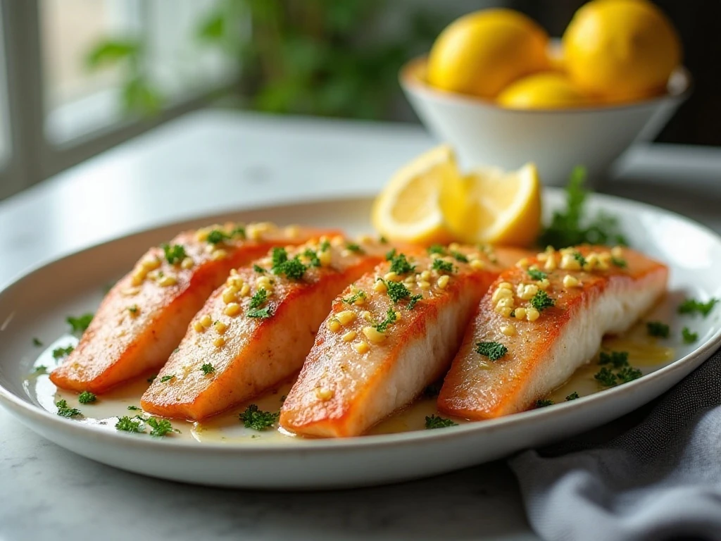 Baked red snapper fillets with garlic topping and lemon wedges