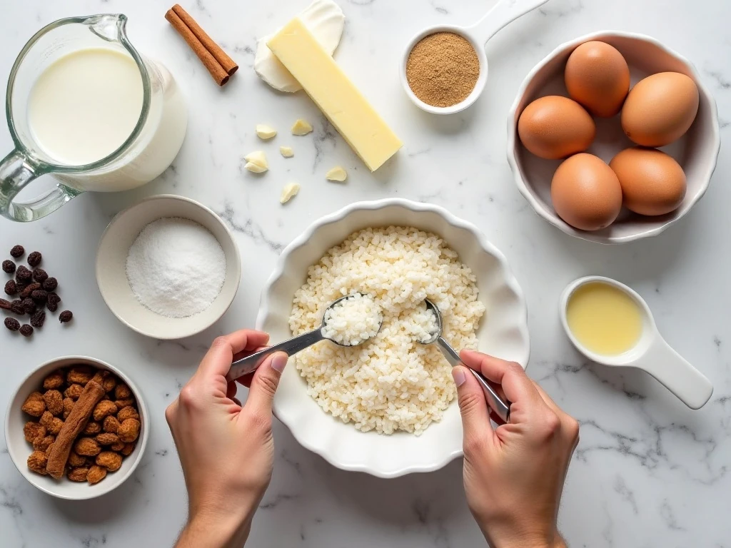 Ingredients for old-fashioned baked rice pudding