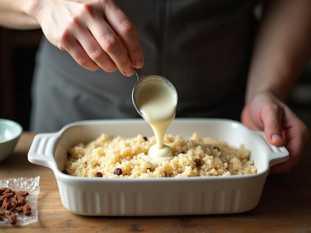 Stirring rice pudding ingredients in a baking dish before baking
