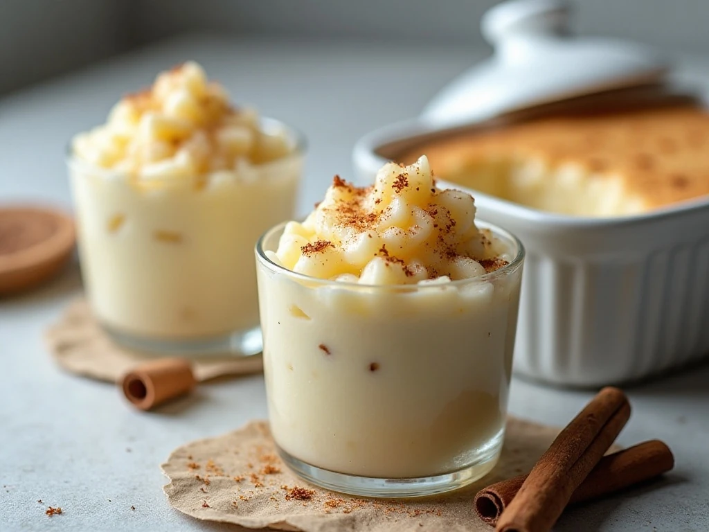 Chilled baked rice pudding stored and ready to serve