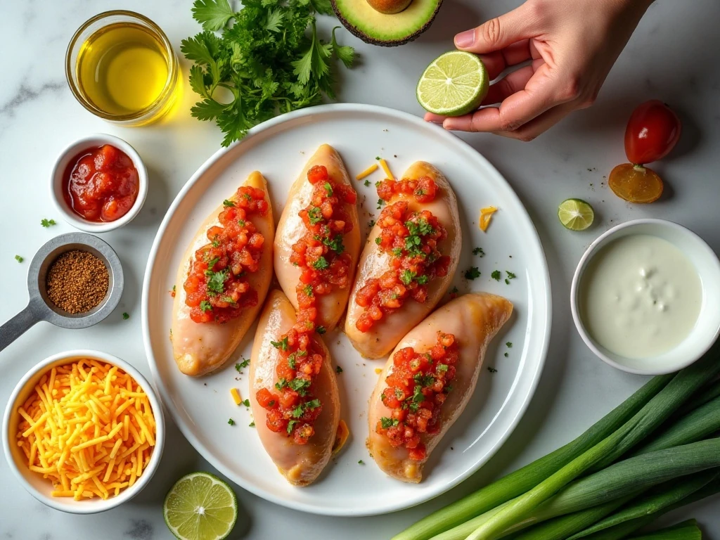 Ingredients for easy baked salsa chicken arranged on a counter
