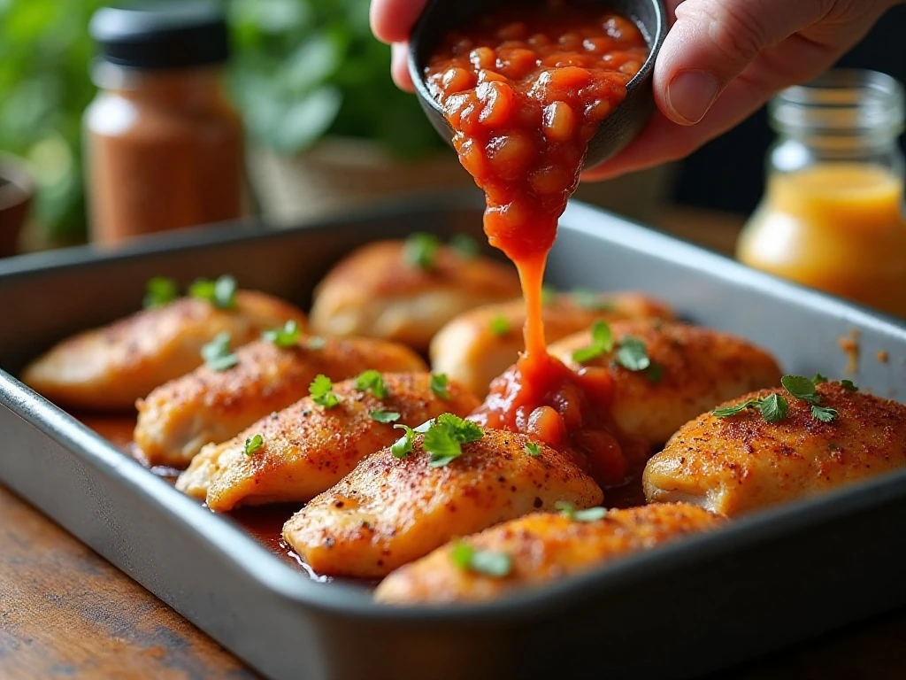 Chicken breasts covered with chunky salsa before baking