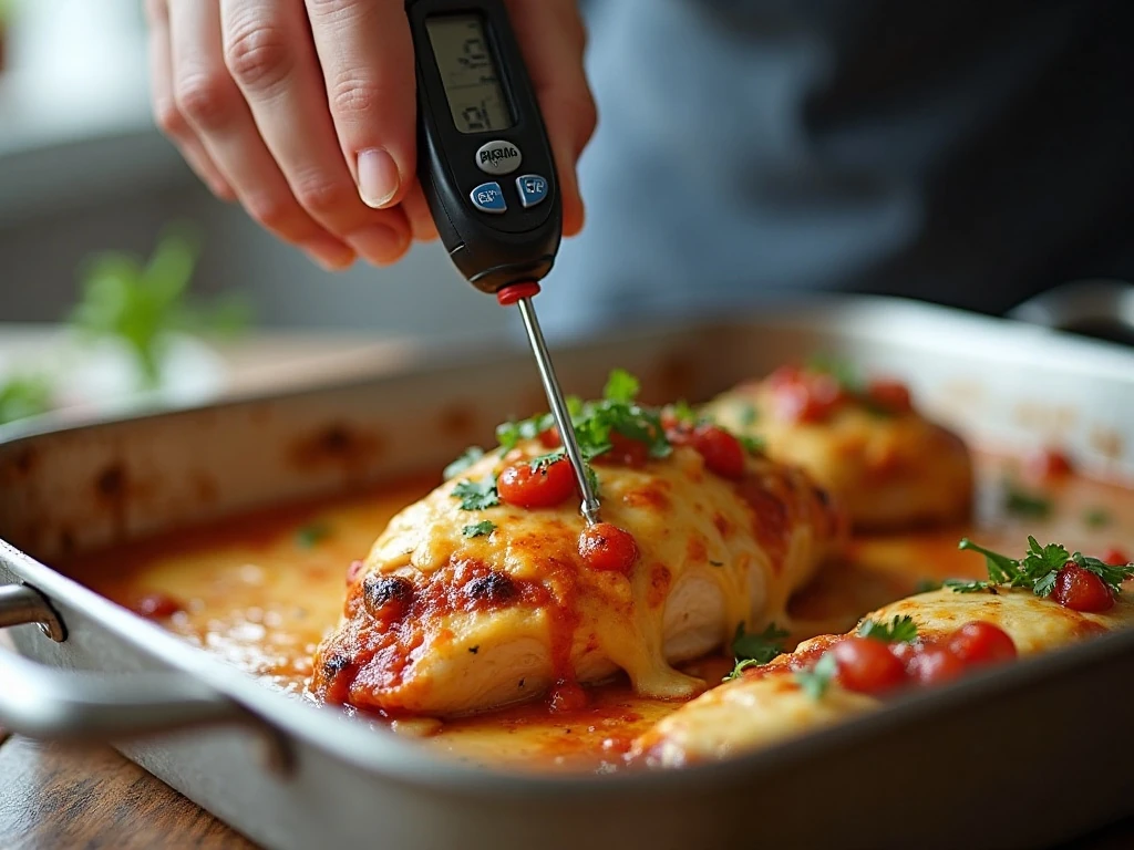 Checking baked salsa chicken with an instant-read thermometer
