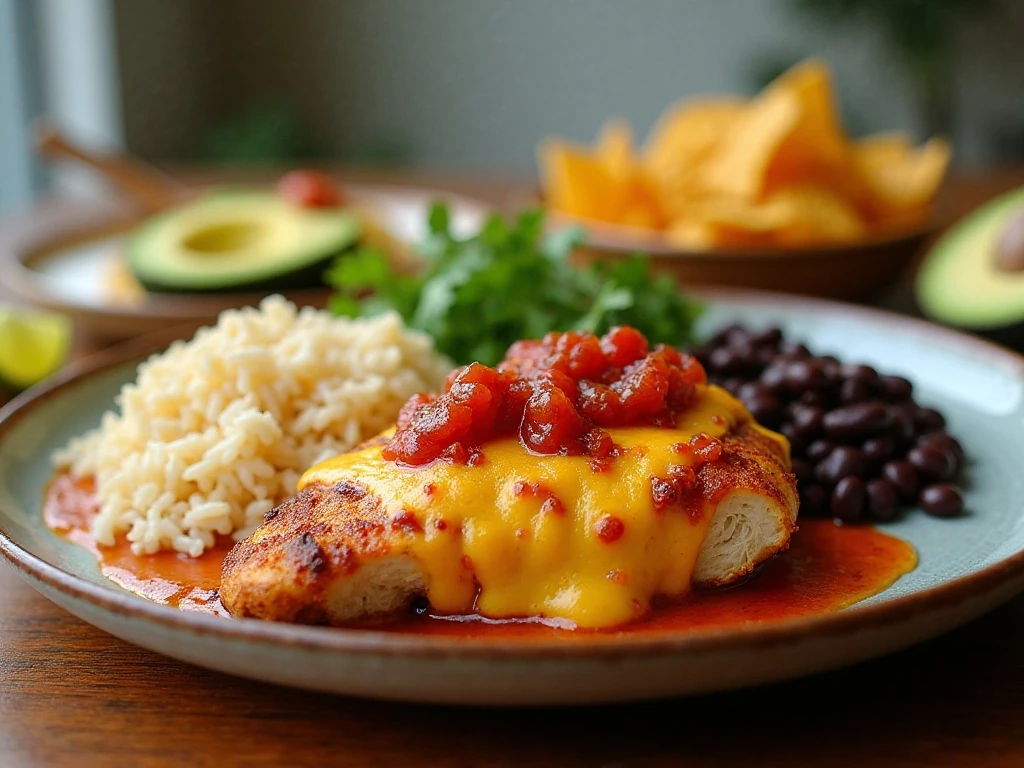 Baked salsa chicken served with rice, beans, corn, and garnishes